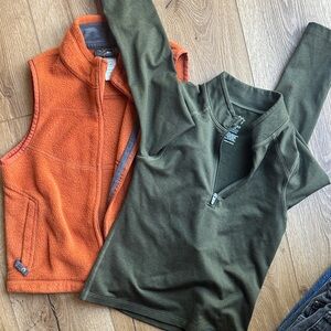REI Coop vest and Olive and Rust Half-Zip Pullovers